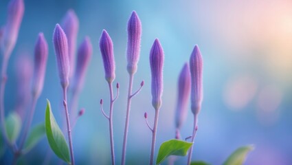 Poster - Softly focused spring forest flowers blooming against a light blue outdoor background in close-up macro. An elegant and delicate artistic image.