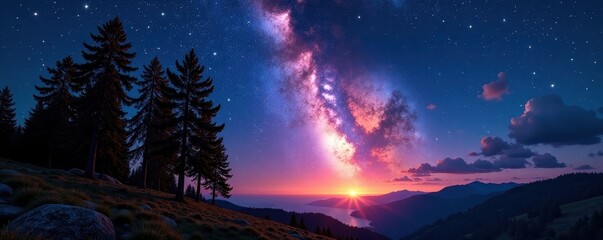 Wall Mural - Fiery meteor shower explodes across starlit sky, illuminating majestic trees , amazing, vivid