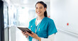 © peopleimages.com - Nurse, tablet and face of woman in hospital for telehealth, medical service or research in clinic. Healthcare, wellness and portrait of person on digital tech for online diagnosis, report or schedule