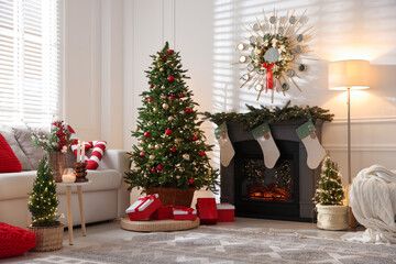 Poster - Cozy spacious room decorated for Christmas. Festive interior design