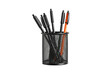 © MrIdhA - A floating pen holder cup with pens, horizontally aligned, on a solid white background