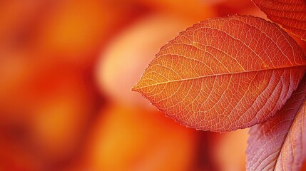 Wall Mural - Leaf detail showing vivid reddish orange color against a blurred background, bright sunlight