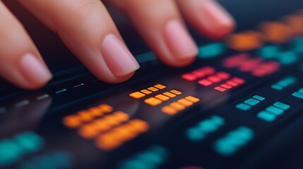 Wall Mural - fingers on illuminated digital interface displaying colorful data visualizations, depicting future t