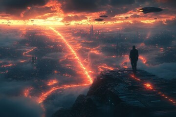 Wall Mural - Fiery Cityscape Sunset View