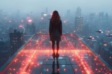 Wall Mural - Futuristic City Rooftop View at Night
