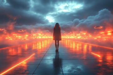 Wall Mural - Woman on a Futuristic Pathway Through a Burning City
