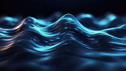 Abstract digital landscape with blue wavy lines converging towards the horizon under a dark