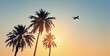 © VideoFlow - Airplane flying over palm trees during sunset with gradient sky background, silhouette style on tropical travel concept with copy space. Ai generative