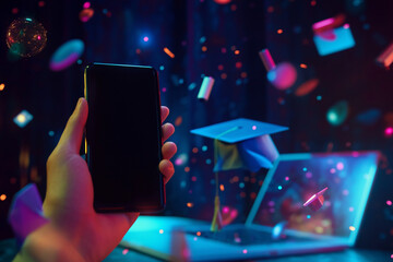 Wall Mural - graduation concept showcasing a smartphone in hand, a diploma and cap near a laptop