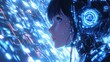 © JOY - A futuristic anime girl with glowing cybernetic enhancements amidst a digital matrix.