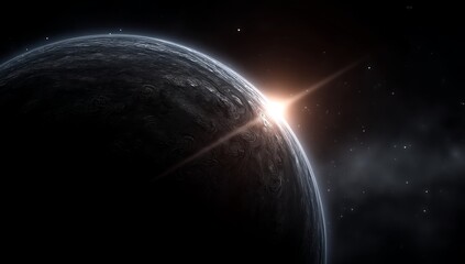 Wall Mural - an artist's impression of a planet in space with a bright light emanating from it, surrounded by a d