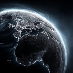 Wall Mural - a black and white photo of the earth at night, illuminated by the lights of the continents and ocean