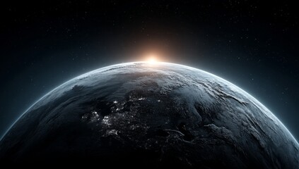 Wall Mural - an artist's impression of the earth from space, with the sun rising in the background and stars twin