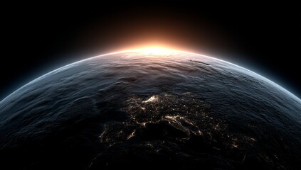 Wall Mural - an artist's impression of the earth at night, illuminated by the sun in the background the planet is