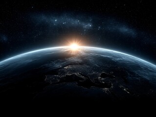 Wall Mural - the sun rising over the earth from space, with a dark background and stars twinkling in the night sk