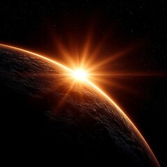Wall Mural - an artist's impression of the sun rising over the earth, with a dark background and stars twinkling 