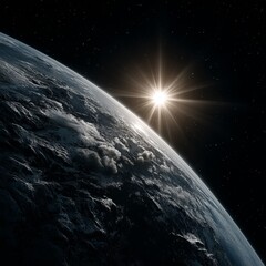 Wall Mural - the sun rising over the earth from space, with a dark background and stars twinkling in the night sk