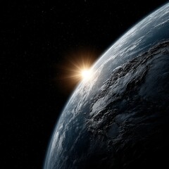 Wall Mural - an artist's impression of the sun rising over the earth, with a dark background the sun is in the ce