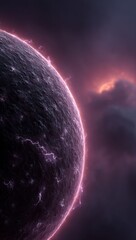 Wall Mural - a purple planet in the sky with a bright light emanating from it, surrounded by clouds in the backgr