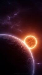 Wall Mural - two planets in the sky with a bright orange sun in the background, surrounded by a dark sky filled w