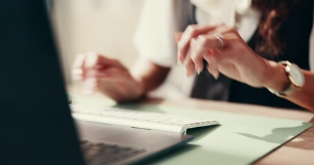 Poster - Secretary, hands or typing with email on laptop for online communication, feedback or chat at office. Closeup, female person or journalist browsing on computer for digital report, information or data