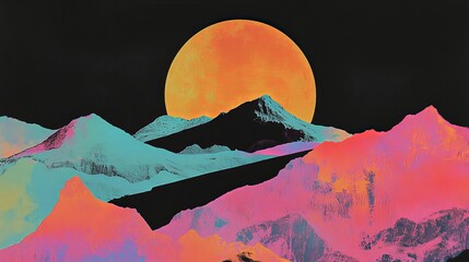 Wall Mural - a vintage risograph collage depicting an alien planet in space, featuring pastel halftone, geometric