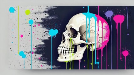Poster -  abstract human skull gradually revealed through dynamic, colorful paint splashes,