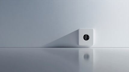 Wall Mural - Minimalist white cube with a small hole against a light grey wall reflecting on a glossy floor.