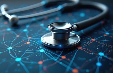 Aufkleber - Stethoscope medical equipment on digital network data chart. Medical concept for healthcare, insurance business growth. Modern tech innovation in medicine, healthcare, health insurance, digital data,