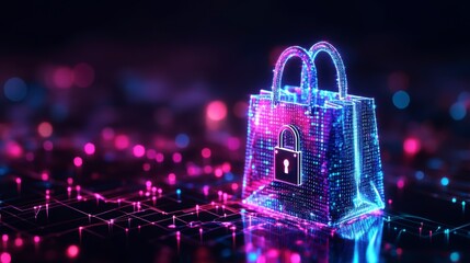 Wall Mural - secure online shopping bag concept, digital padlock on glowing shopping bag.
