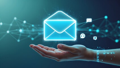 Glowing Email Envelope Hand Holding Network Symbols Communication