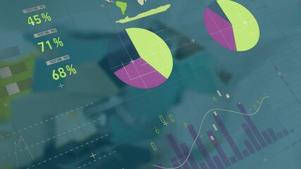 Wall Mural - Animation of colorful pie and bar charts on financial data with world map