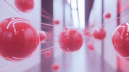 Wall Mural - abstract red spheres connected by thin lines in a modern, minimalist interior.