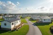 © miss irine - Caravan park with modern white mobile homes on green grass, gray asphalt road. Holiday park in England with blue sky and clouds. Modern architecture of holiday homes in nature.