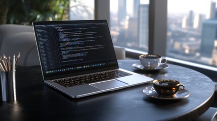 Programmer coding on laptop, city view, coffee break