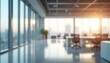 © miss irine - Blurred light modern office interior with panoramic windows. Abstract office background with blurry windows reflecting daylight. Business background for presentations. Contemporary corporate space.