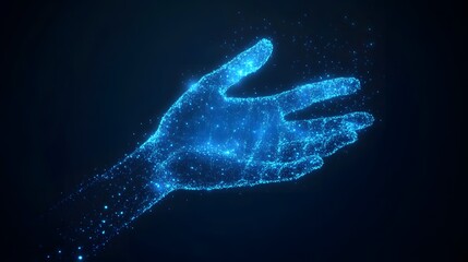 Wall Mural - digital hand illustration in blue against a dark background with glowing particles.