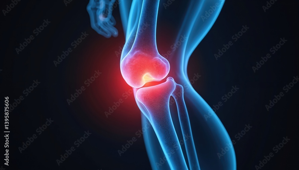 X-ray of human knee joint anatomy with red highlight. Medical ...