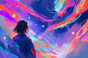 Wall Mural - a man by himself in the middle is watching the galaxy and imagining the vastness of space with abs g