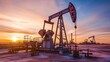 © Yusif - Industrial oil pump working on a crude oil field during sunset.