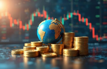 Poster - Conceptual image of global finance with gold coins, world globe against digital background of stock market trends. Financial investment, global economics, business concept, market volatility.