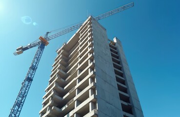Poster - Tower crane constructing modern residential building on blue sky background. Concrete high-rise construction, new urban development. Architecture, real estate, property, housing, finance, investment,