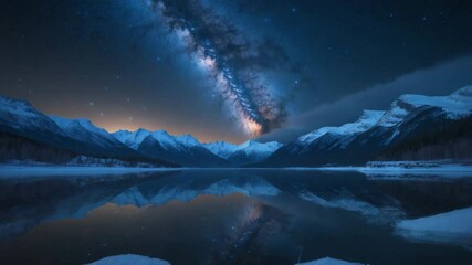 Milky Way above the frozen coastline and snow-covered mountains on a winter night. Arctic landscape showcasing a blue starry sky, water, ice, snowy rocks, and the Milky Way. Stunning universe