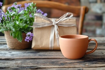 Wall Mural - Natural Mother's Day setting with a sustainable, eco-friendly gift package and a raw clay tea cup on a reclaimed wooden table.