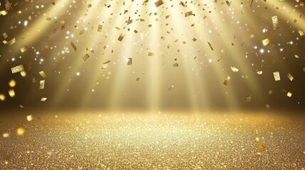 Wall Mural - golden confetti falling on glittering surface with spotlight.