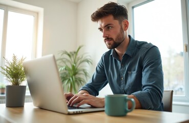 Poster - Young businessman working laptop at home. Focused male in casual shirt at modern office. Remote worker, freelancer using computer at home office. Modern apartment interior with plants, cup of tea.