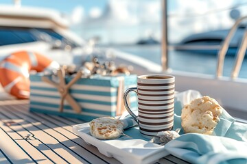 Wall Mural - Nautical Mother's Day brunch with a maritime-themed gift and a striped mug of coffee on a yacht deck.
