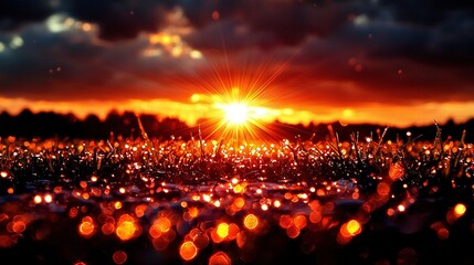 Wall Mural - the sun illuminates the sky above a meadow filled with tiny blooms, while ominous clouds loom behind