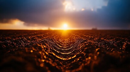Wall Mural - the sun sets over a vast green field with rippling lines in the foreground