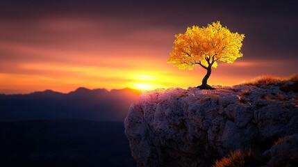 Wall Mural - a solitary tree perches atop a jagged cliff, framed by the fading sun's glow beyond towering mountai